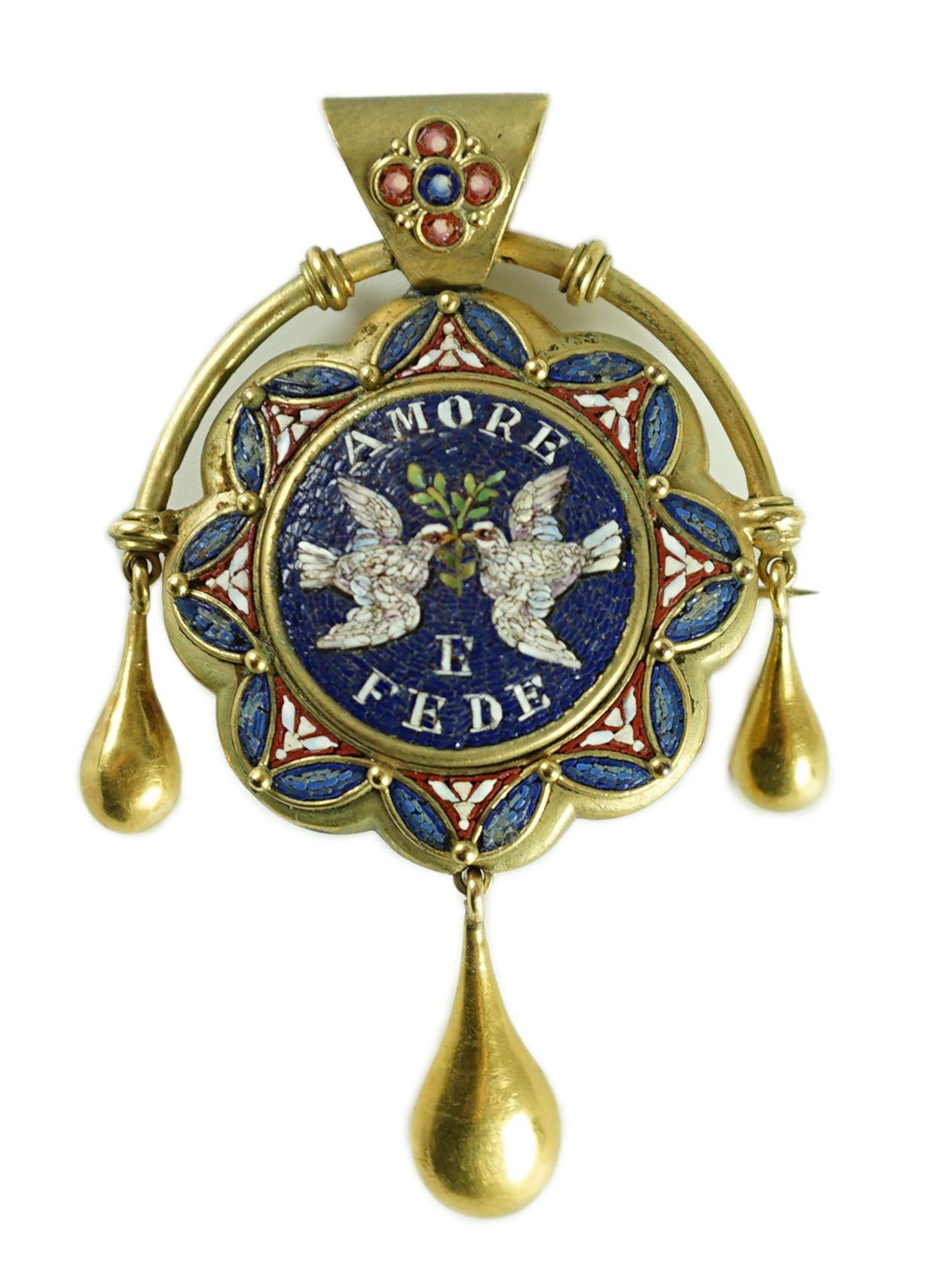 A 19th century Italian gold and micro mosaic set drop pendant brooch